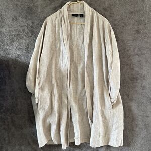 Tahari Cardigan Duster Womens Size XL 100% Linen Beige Pockets Minimalist